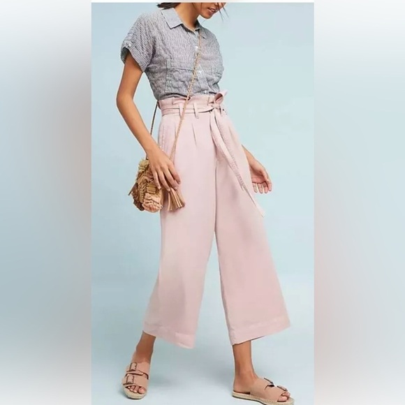 Anthropologie Blythe Wide Leg Paperbag Pants in Blush Pink Casual Size 10 Preppy - Picture 3 of 12